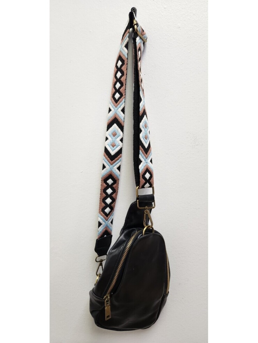 Domil Selected Black PU Leather Sling Bag Crossbody Geometric Strap Chevron